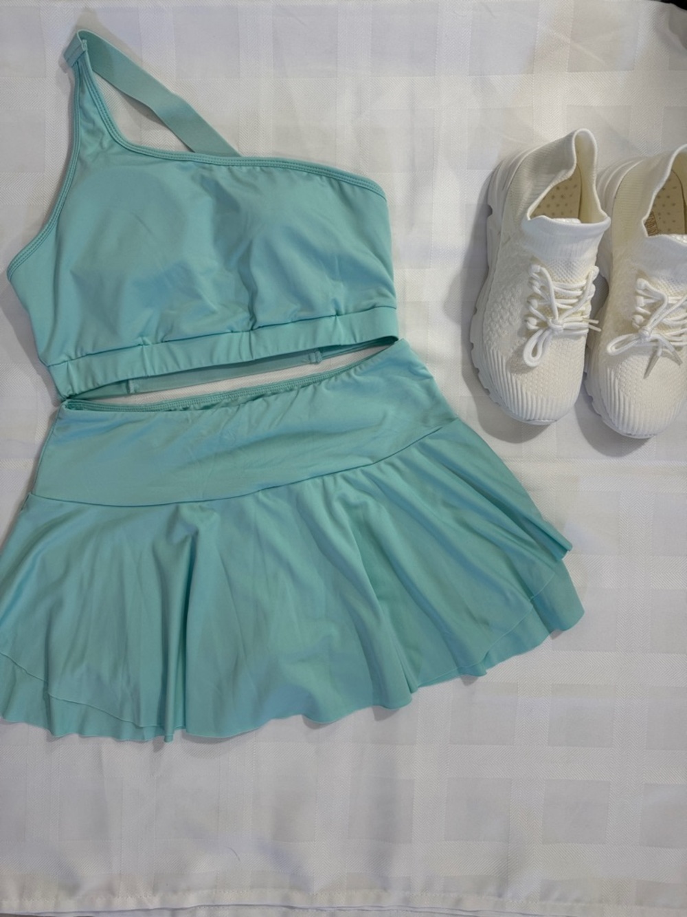 SHEIN Mint Blue One-Shoulder Crop Top and Flared Skirt Set with Built In Short.